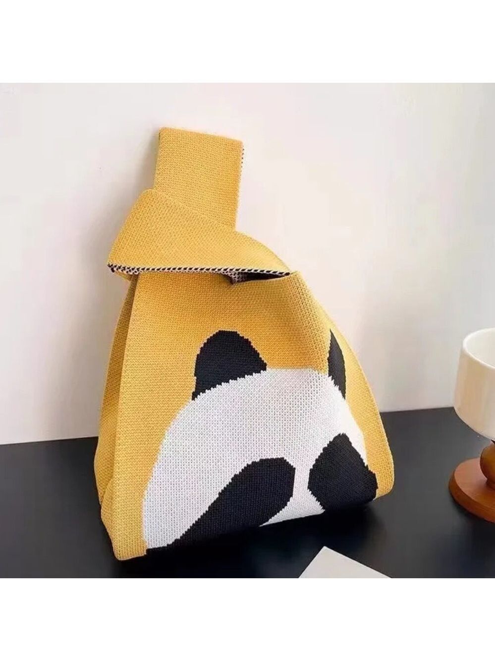 Heavy Woven Knit Hiding Panda Pattern Tote Purse Bag Japanese Knot Closure Style
